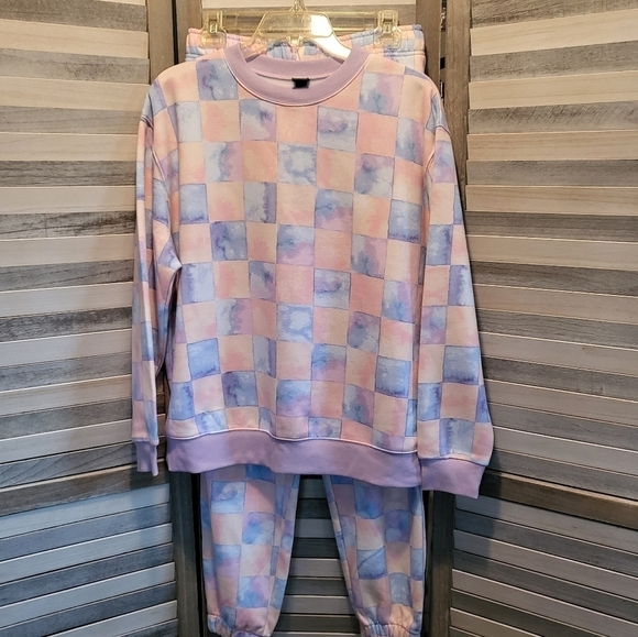 Blue checkered print fleece oversized sweatshirt & sweatpants | Wild Fab… - Picture 2 of 16